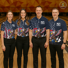 Load image into Gallery viewer, Four people wearing dark patriotic bowling quarter zip with distressed stars-and-stripes graphics, a eagle , bowling pins, and custom your name text.
