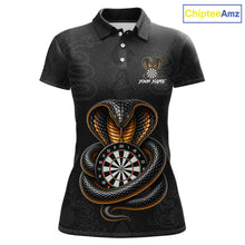 Load image into Gallery viewer, Front darts polo shirt featuring a cobra wrapped around a dartboard with cobra snake artwork on a black background.