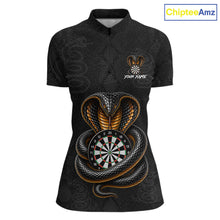 Load image into Gallery viewer, Front darts quarter zip shirt featuring a cobra wrapped around a dartboard with cobra snake artwork on a black background.