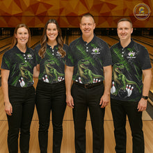 Load image into Gallery viewer, Four people wearing bowling polo shirt featuring a dinosaur standing among bowling pins and ball artwork on black green textured background.