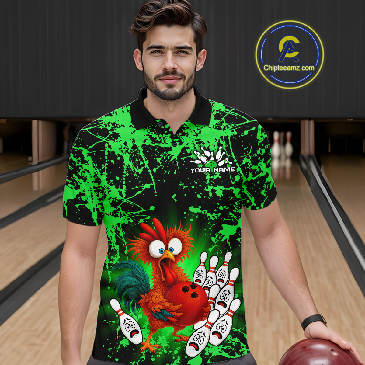 Green Funny Chicken Bowling Jersey for Men Bowling League Bowling Team Shirts Polo & 1/4 Zip HN232