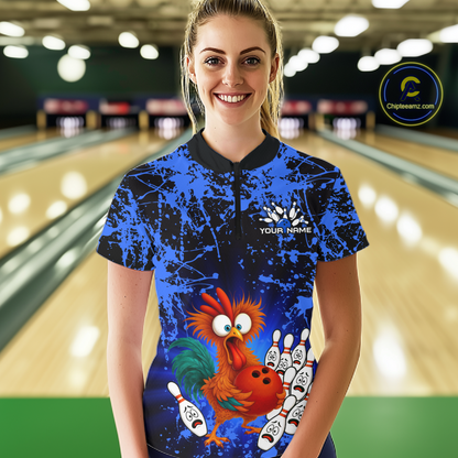 Blue Funny Chicken Bowling Jersey for Women Bowling League Bowling Team Shirts Polo & 1/4 Zip HN232