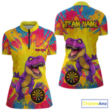 Load image into Gallery viewer, Front and back darts quarter zip shirt featuring a purple dinosaur holding a dartboard within a bright colorful paint splatter background.
