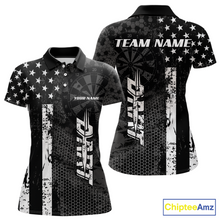 Load image into Gallery viewer, Front and back darts polo shirt featuring dartboard patterns layered with american flag graphics and geometric details on a black background.