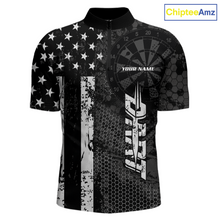 Load image into Gallery viewer, Front darts quarter zip shirt featuring dartboard patterns layered with american flag graphics and geometric details on a black background.