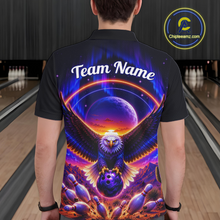 Load image into Gallery viewer, Man wearing a black bowling quarter zip with a eagle, glowing planet backdrop, bowling pins, and custom player name text.