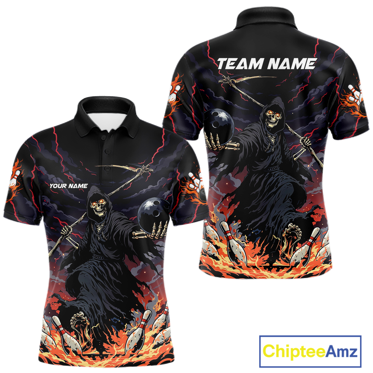 Custom Grim Reaper Flame Bowling Jersey for Men Bowling Team Shirts Polo & 1/4 Zip HNT193