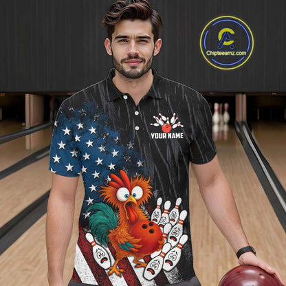 Custom American Flag Funny Chicken Bowling Jersey for Men Bowling Team Shirts Polo & 1/4 Zip HNT475