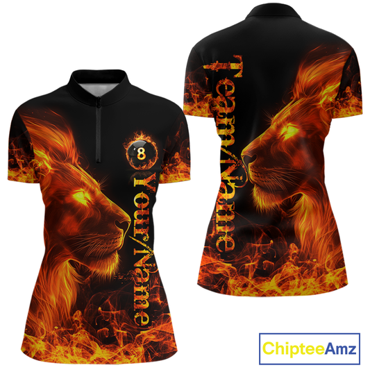 Custom Flame Lion 8 Ball Billiard Shirts for Women Billiard Team Shirts Billiard League Polo & 1/4 Zip NNT96