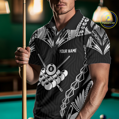 Custom 8 Ball Tribal Pattern Billiard Shirts for Men Billiard Team Shirts Billiard League Polo & 1/4 Zip NNT95
