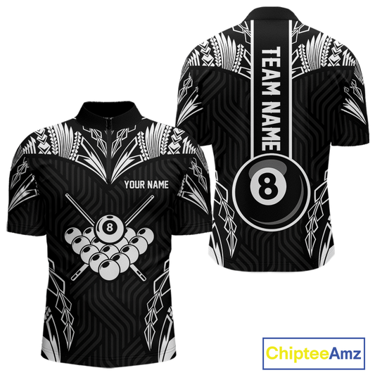 Custom 8 Ball Tribal Pattern Billiard Shirts for Men Billiard Team Shirts Billiard League Polo & 1/4 Zip NNT95