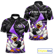 Load image into Gallery viewer, Custom Purple Funny Duck Bowling Jersey for Men Bowling League Bowling Team Shirts Polo &amp; 1/4 Zip HN233