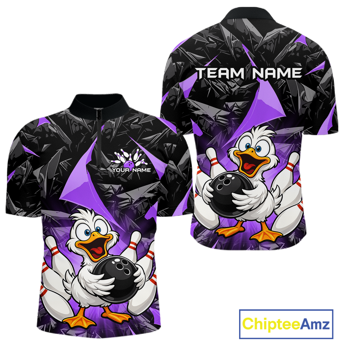 Custom Purple Funny Duck Bowling Jersey for Men Bowling League Bowling Team Shirts Polo & 1/4 Zip HN233