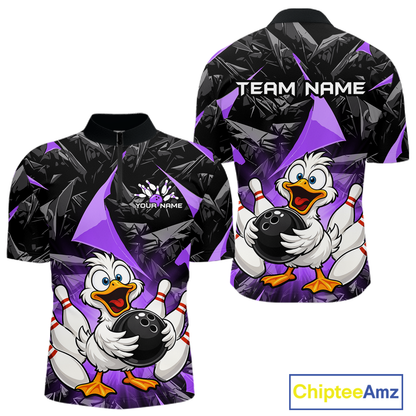 Custom Purple Funny Duck Bowling Jersey for Men Bowling League Bowling Team Shirts Polo & 1/4 Zip HN233