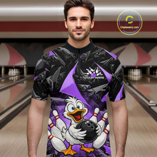 Load image into Gallery viewer, Custom Purple Funny Duck Bowling Jersey for Men Bowling League Bowling Team Shirts Polo &amp; 1/4 Zip HN233