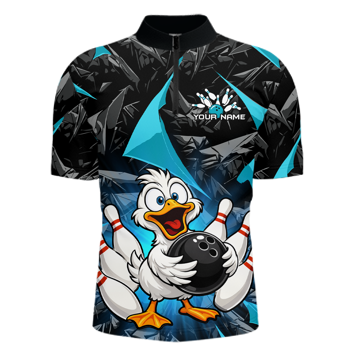 Custom Turquoise Funny Duck Bowling Jersey for Men Bowling League Bowling Team Shirts Polo & 1/4 Zip HN233