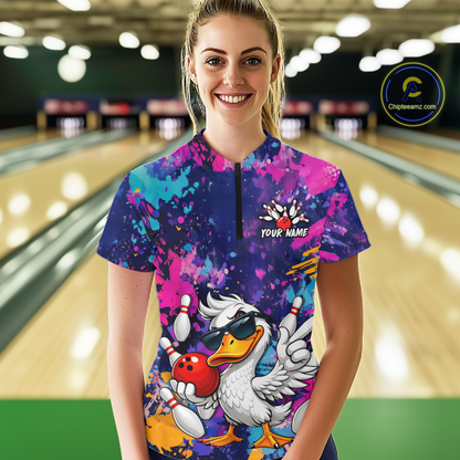 Custom Graffiti Funny Duck Bowling Jersey for Women Bowling League Bowling Team Shirts Polo & 1/4 Zip HN234
