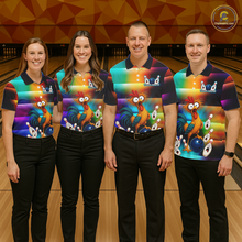 Load image into Gallery viewer, Four people wearing colorful bowling polo featuring a shocked rooster chicken, blue bowling ball, surprised pins, and custom your name text.