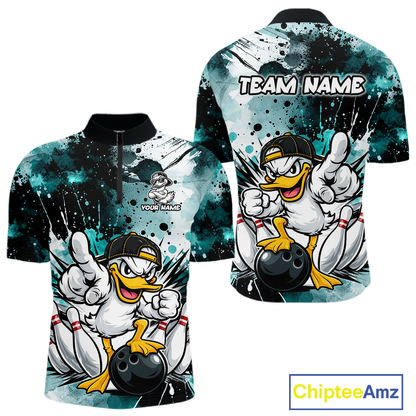 Custom Teal Funny Duck Bowling Jersey for Men Bowling Uniform Polo & 1/4 Zip Bowling Team Shirts HNT237
