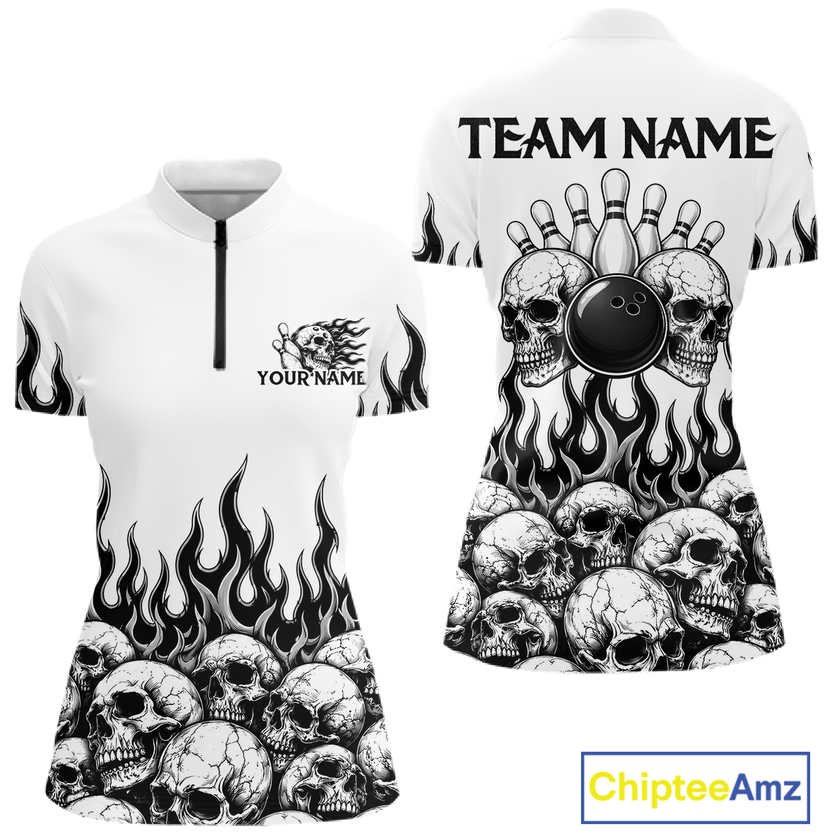 Custom Skull Flame Bowling Jersey for Women Bowling Team Shirts Bowling League Polo & 1/4 Zip HNT305