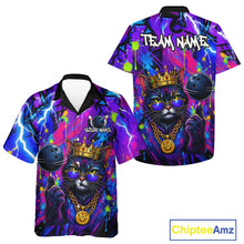 Load image into Gallery viewer, Front and back view personalized bowling hawaiin shirt with a crowned cat holding a bowling ball, blended with colorful paint strokes and graphic patterns.