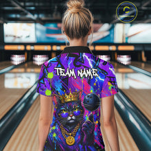 Load image into Gallery viewer, Women wearing personalized bowling polo shirt with a crowned cat holding a bowling ball, blended with colorful paint strokes and graphic patterns.