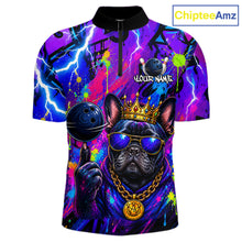 Load image into Gallery viewer, Front view personalized bowling quarter zip shirt with a crowned bulldog holding a bowling ball, surrounded by paint effects and bold graphic patterns.