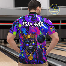 Load image into Gallery viewer, Men wearing personalized bowling quarter zip shirt with a crowned cat holding a bowling ball, blended with colorful paint strokes and graphic patterns.
