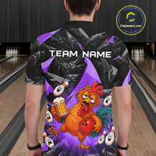 Load image into Gallery viewer, Man wearing a black and purple bowling polo featuring a wild rooster mascot holding a beer mug and red bowling ball, with custom team name text.
