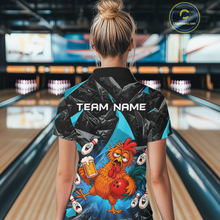 Load image into Gallery viewer, Woman wearing a black and turquoise bowling polo featuring a wild rooster mascot holding a beer mug and red bowling ball, with custom team name text.