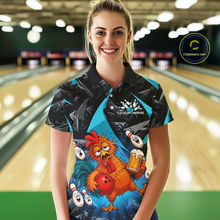 Load image into Gallery viewer, Woman wearing a black and turquoise bowling polo featuring a wild rooster mascot holding a beer mug and red bowling ball, with custom your name text.