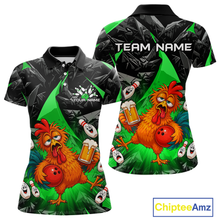 Load image into Gallery viewer, Front and back views of a black and green bowling polo featuring a wild rooster mascot holding a beer mug and red bowling ball, with custom team text.