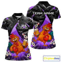 Load image into Gallery viewer, Front and back views of a black and purple bowling polo featuring a wild rooster mascot holding a beer mug and red bowling ball, with custom team text.