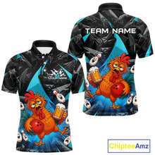 Load image into Gallery viewer, Front and back views of a black and turquoise bowling polo featuring a wild rooster mascot holding a beer mug and red bowling ball, with custom team text.