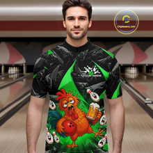 Load image into Gallery viewer, Man wearing a black and green bowling  quarter zip featuring a wild rooster mascot holding a beer mug and red bowling ball, with custom your name text.