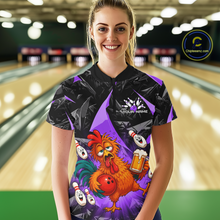 Load image into Gallery viewer, Woman wearing a black and purple bowling quarter zip featuring a wild rooster mascot holding a beer mug and red bowling ball, with custom your name text.