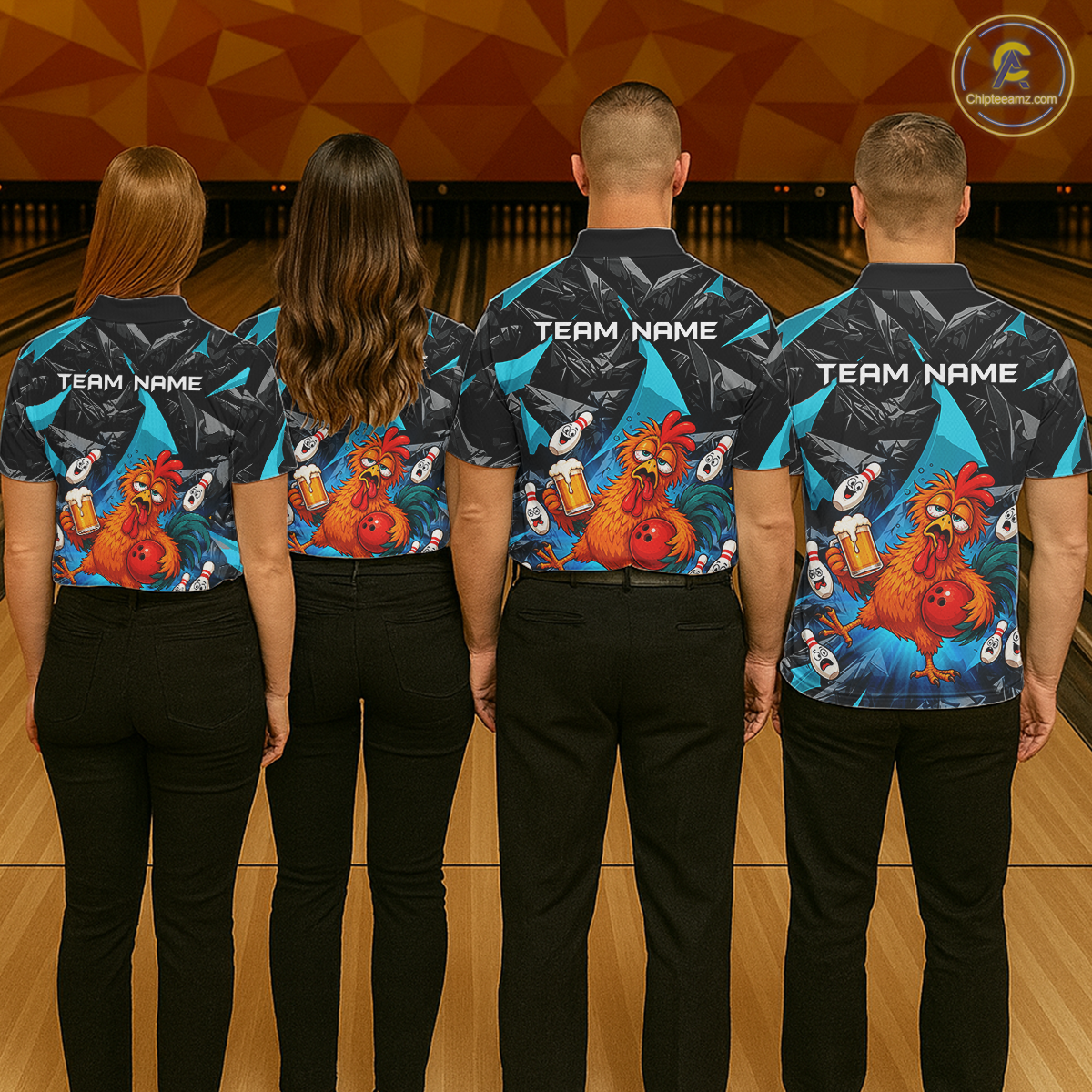 Four people wearing black and turquoise bowling polo featuring a wild rooster mascot holding a beer mug and red bowling ball, with custom team name text.