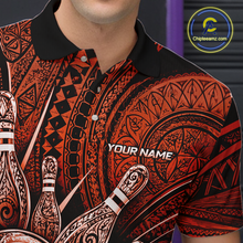 Load image into Gallery viewer, Personalized bowling polo shirt with bowling balls and pins arranged within orange polynesian tribal patterned artwork across a dark layout.