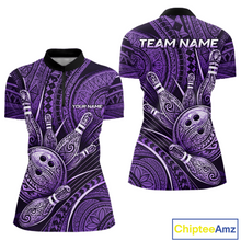 Load image into Gallery viewer, Front and back view personalized bowling quarter zip shirt with bowling balls and pins arranged within polynesian tribal patterned artwork across a purple layout.