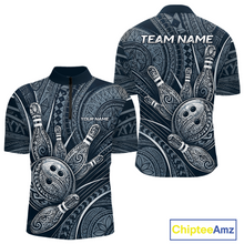 Load image into Gallery viewer, Front and back view personalized bowling quarter zip shirt with bowling balls and pins arranged within navy blue polynesian tribal patterned artwork across a dark layout.