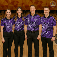 Load image into Gallery viewer, Four people wearing personalized bowling polo shirt with bowling balls and pins arranged within polynesian tribal patterned artwork across a purple layout.