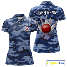 Load image into Gallery viewer, Custom Blue Camo Bowling Jersey for Women Bowling Team Shirts Bowling Uniform Polo &amp; 1/4 Zip HNT167