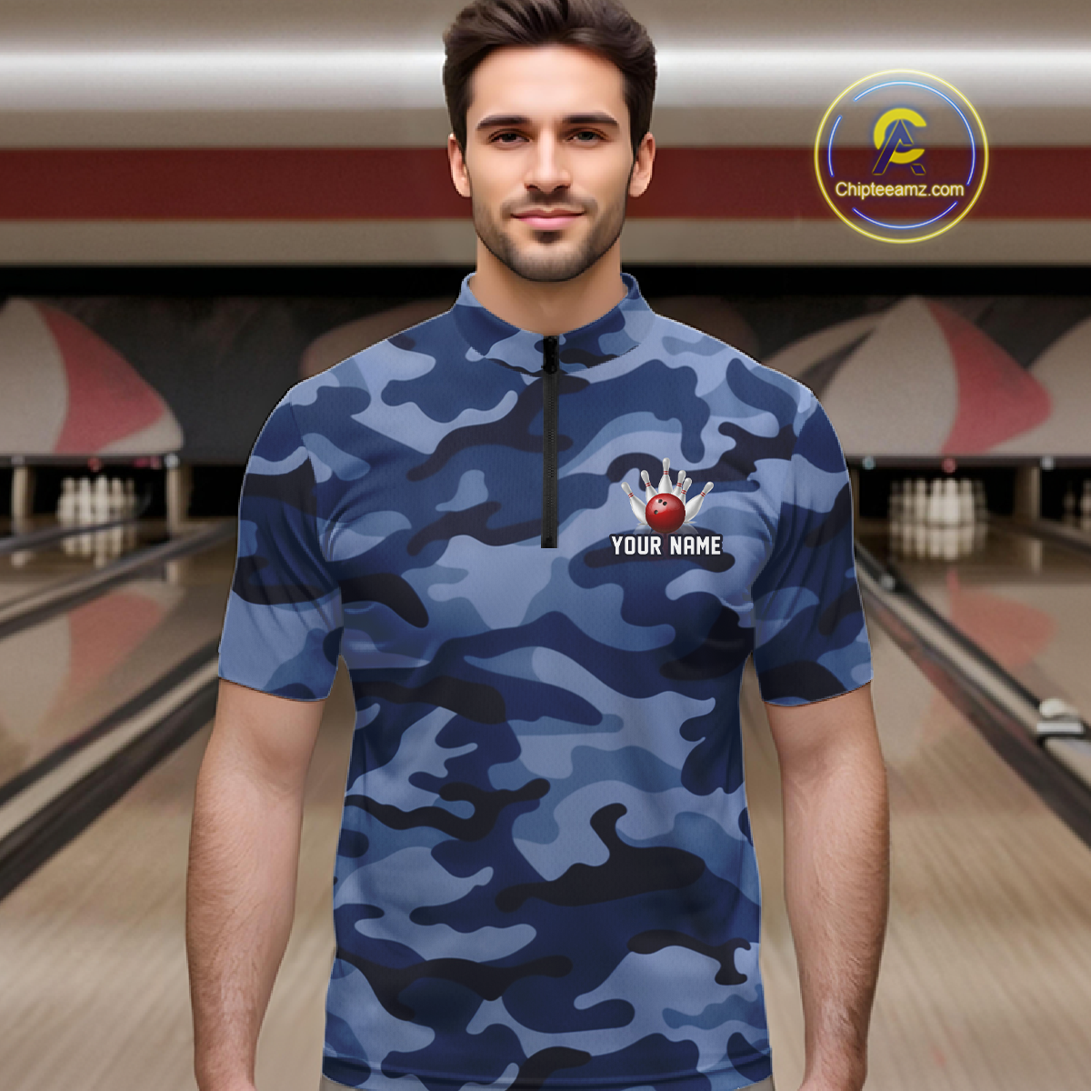 Custom Blue Camo Bowling Jersey for Men Bowling Team Shirts Bowling Uniform Polo & 1/4 Zip HNT167