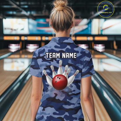 Custom Blue Camo Bowling Jersey for Women Bowling Team Shirts Bowling Uniform Polo & 1/4 Zip HNT167