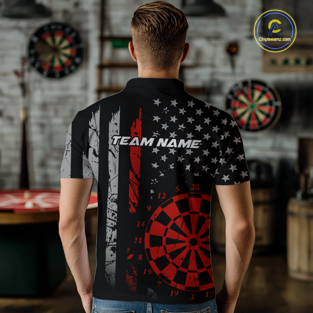 Custom Red US Flag Darts Shirt for Men Darts Team Jerseys Dart Tournament Polo & 1/4 Zip NNT116