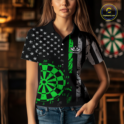 Custom Green US Flag Darts Shirt for Women Darts Team Jerseys Dart Tournament Polo & 1/4 Zip NNT116