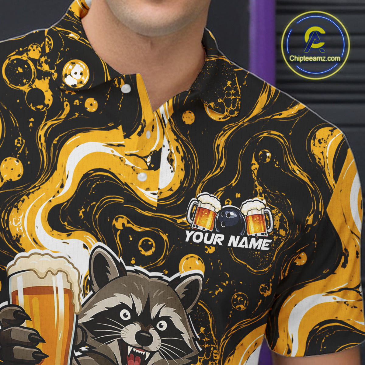 Custom Beer Raccoon Bowling Shirt for Men Bowling Polo & 1/4 Zip Bowling Team Shirts HNT311