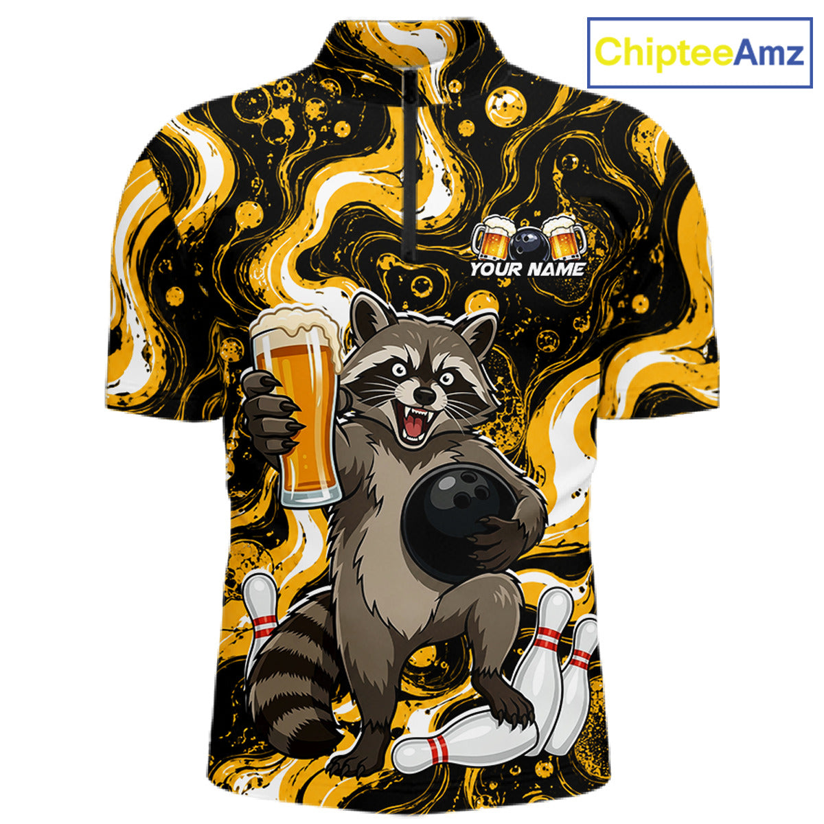 Custom Beer Raccoon Bowling Shirt for Men Bowling Polo & 1/4 Zip Bowling Team Shirts HNT311