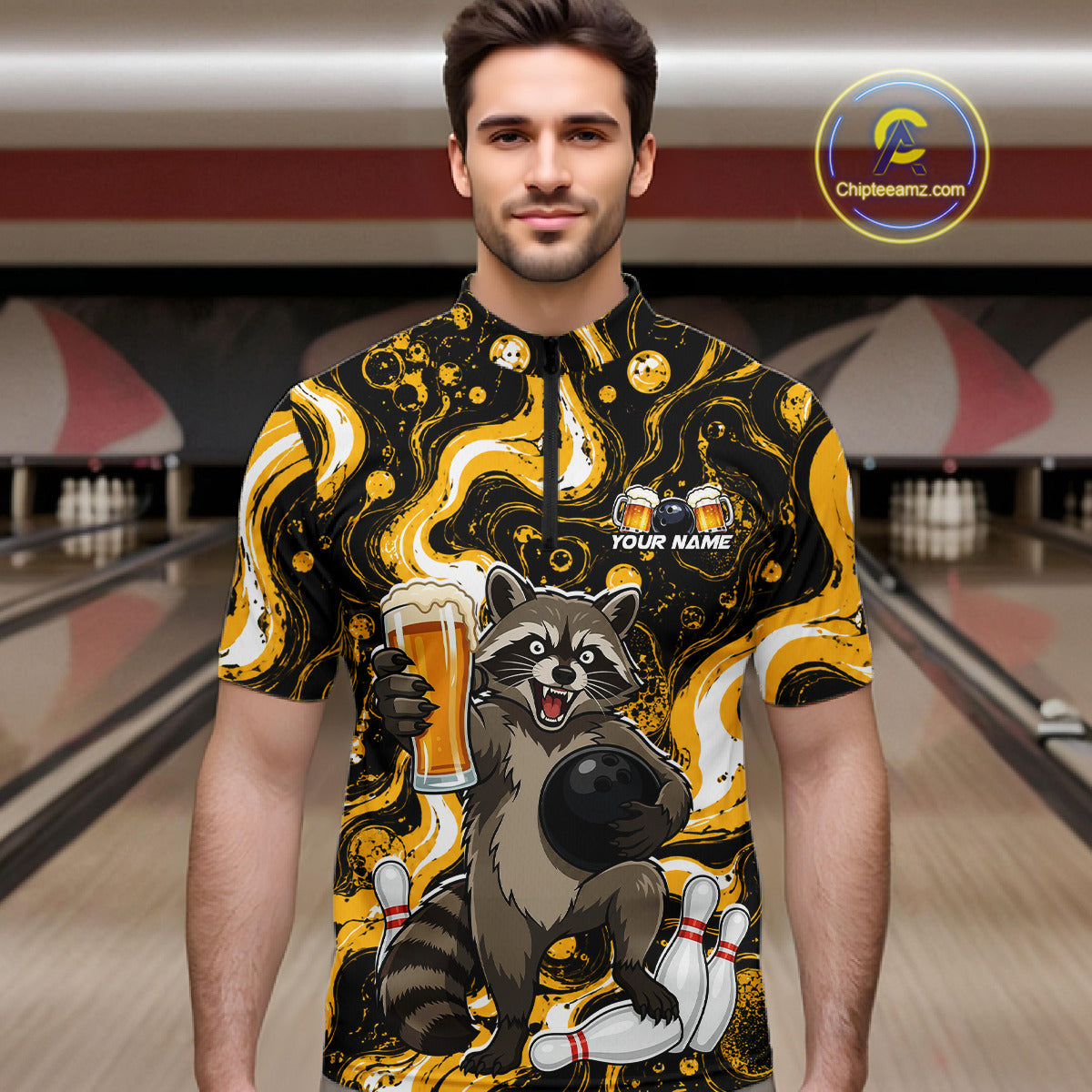 Custom Beer Raccoon Bowling Shirt for Men Bowling Polo & 1/4 Zip Bowling Team Shirts HNT311