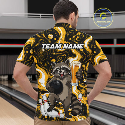 Custom Beer Raccoon Bowling Shirt for Men Bowling Polo & 1/4 Zip Bowling Team Shirts HNT311